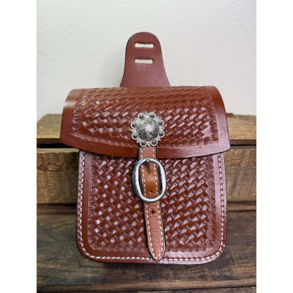 Western Cognac Leather Hand Tooled Saddle Bag with Stainless Steel Buckles